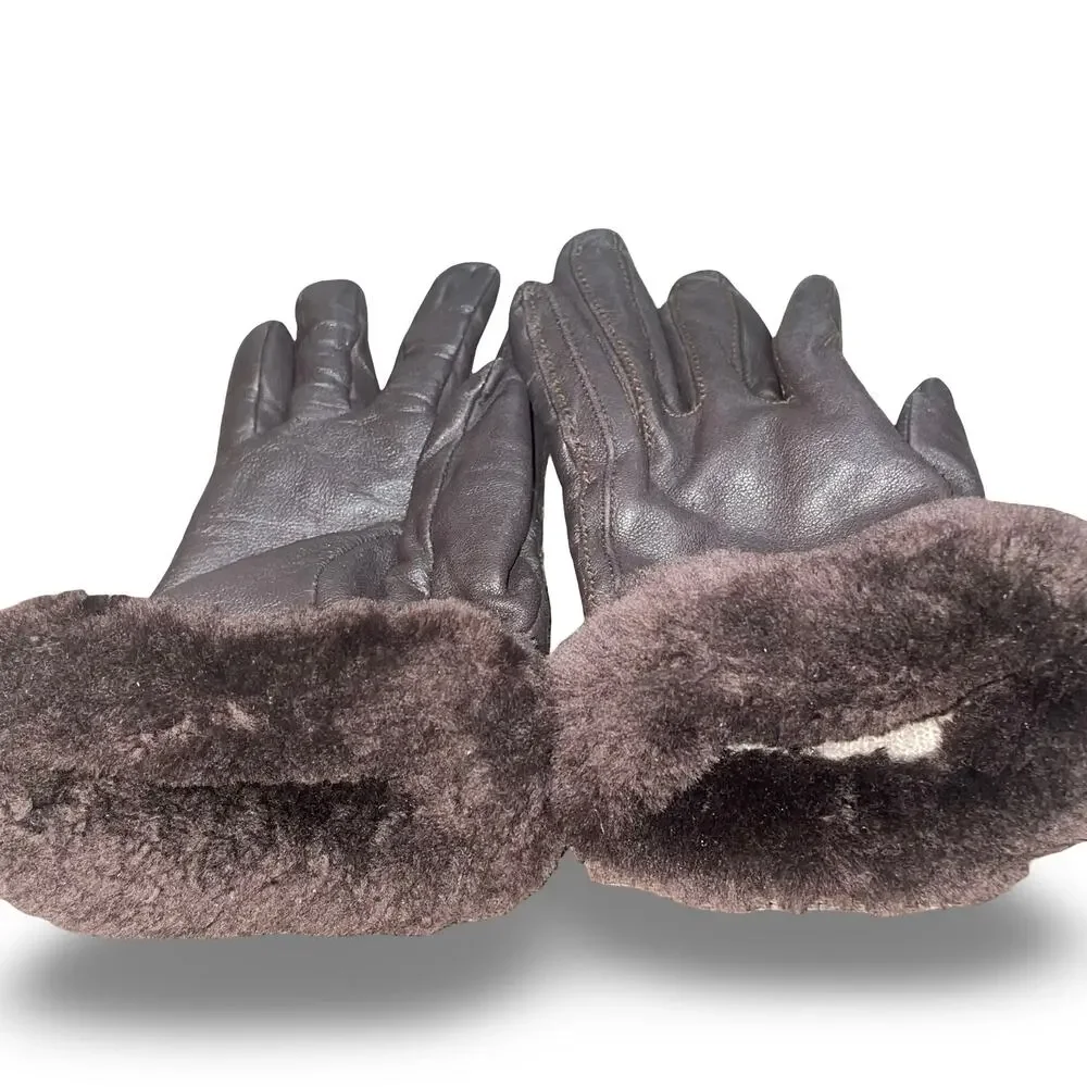 UGG Womens Brown Leather Gloves Size Small S Wool Cashmere Lined Winter Luxury